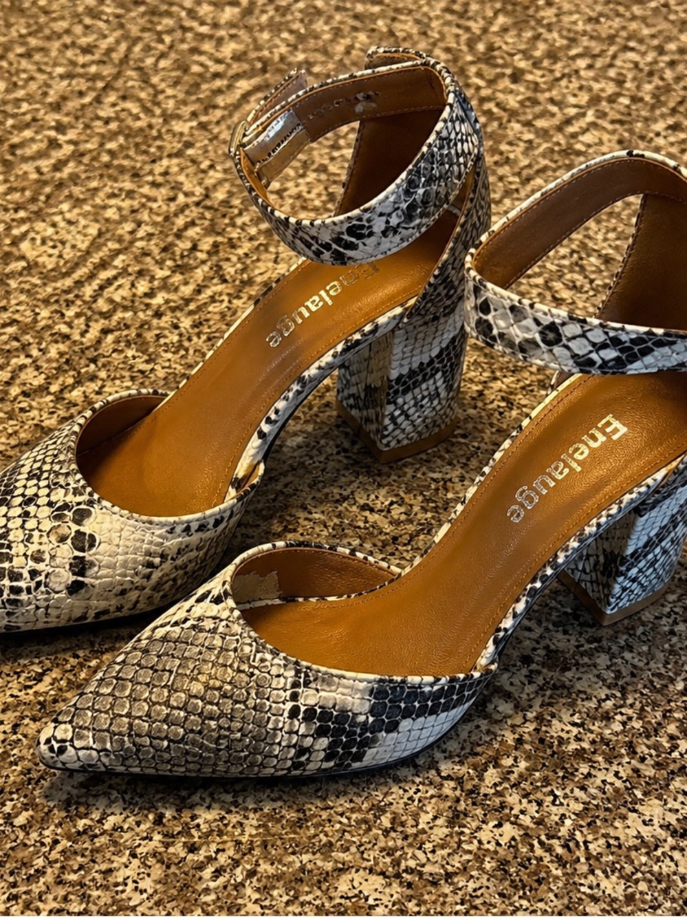 Snake-Print Ankle Strap Block Heels - Black & White Size 7